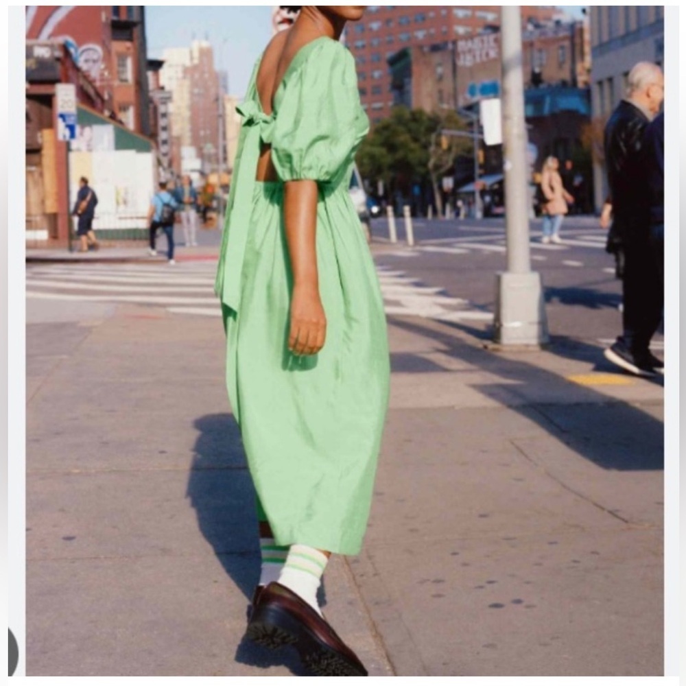 NWT & Other Stories Sea Green Silk Puff Sleeve Tie Back Voluminous Midi Dress 6